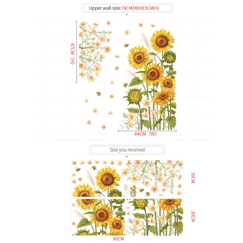 Sicker Universe 12x36 Inch Set - Daisy Flowers Sofa Bedroom Pink Gypsophila Stickers Butterfly Plant Skirting Line Floral Wall Decals for Decor, Self Adhesive Vinyl for Home Decor (Floral Design #6)