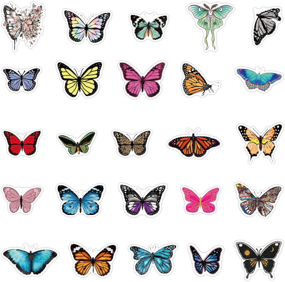 50 Pcs Vinyl Sticker of Butterflies Lovers Waterproof Stickers Bomb for Wall, Computer, Laptop, Skateboard, Water Bottle, Mug, Kids Scrapbook Gift for Birthday, Christmas, Thanksgiving (Butterfly)
