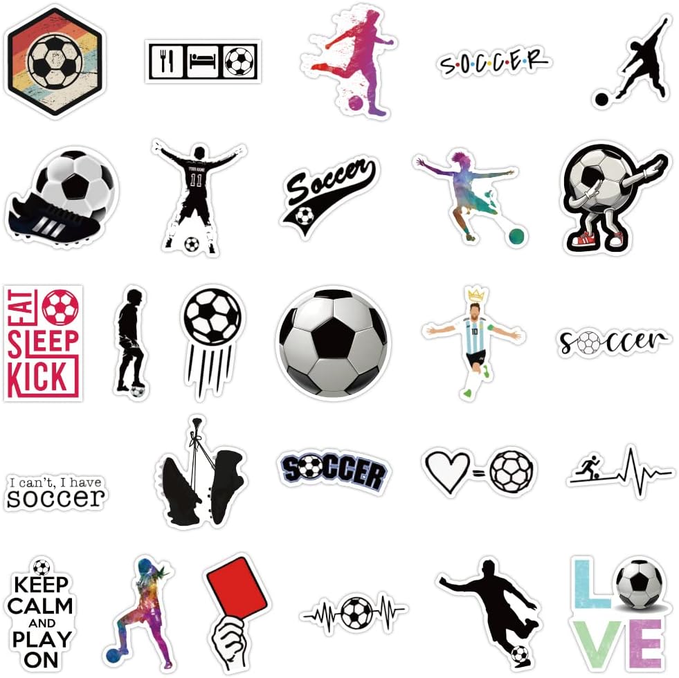 50 Pcs Vinyl Sticker of world cup Soccer theme for Soccer Football Fan Lovers Waterproof Stickers Bomb for Wall, Computer, Laptop, Skateboard, Water Bottle, Mug, Kids Scrapbook Gift for Birthday, Christmas, Thanksgiving (Soccer)