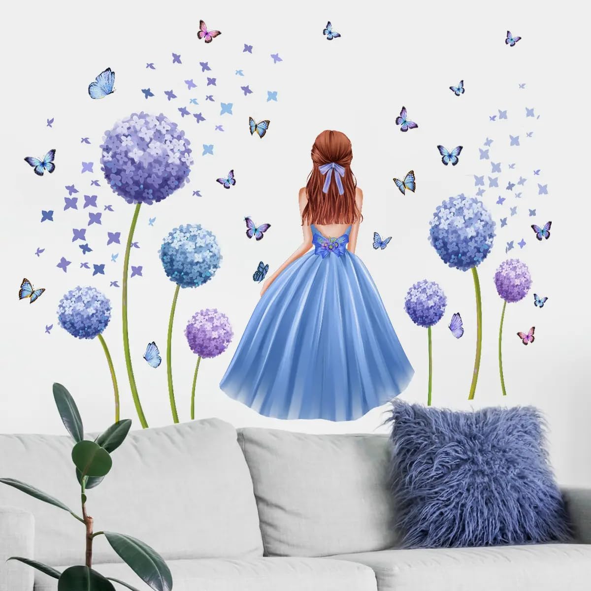 Large Size Purple Girl with Floral Butterflies Wall Stickers for Girls Bedroom, Butterfly Decals with Flowers and Bicycle, Large 55x39 Inch- Gift for Christmas, Birthday (Girl in Purple Dress)