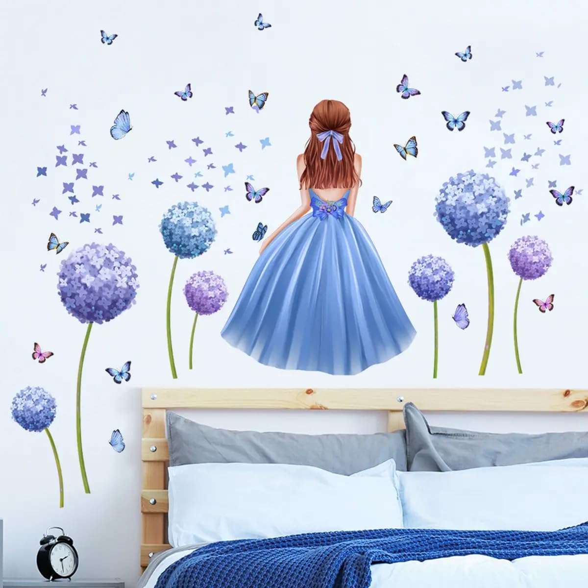 Large Size Purple Girl with Floral Butterflies Wall Stickers for Girls Bedroom, Butterfly Decals with Flowers and Bicycle, Large 55x39 Inch- Gift for Christmas, Birthday (Girl in Purple Dress)