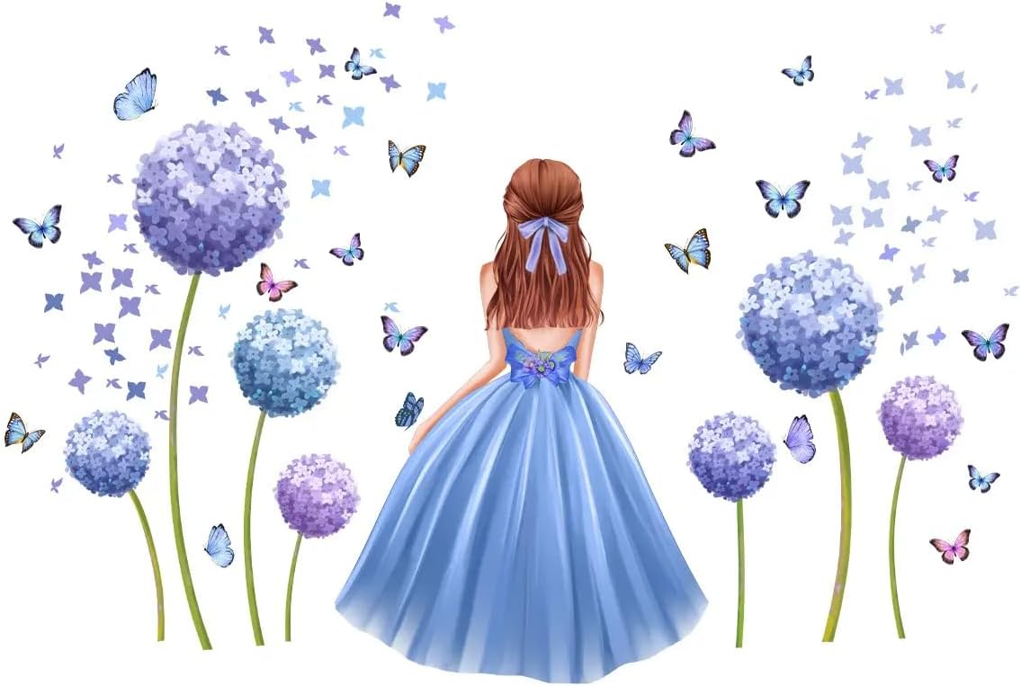 Large Size Purple Girl with Floral Butterflies Wall Stickers for Girls Bedroom, Butterfly Decals with Flowers and Bicycle, Large 55x39 Inch- Gift for Christmas, Birthday (Girl in Purple Dress)
