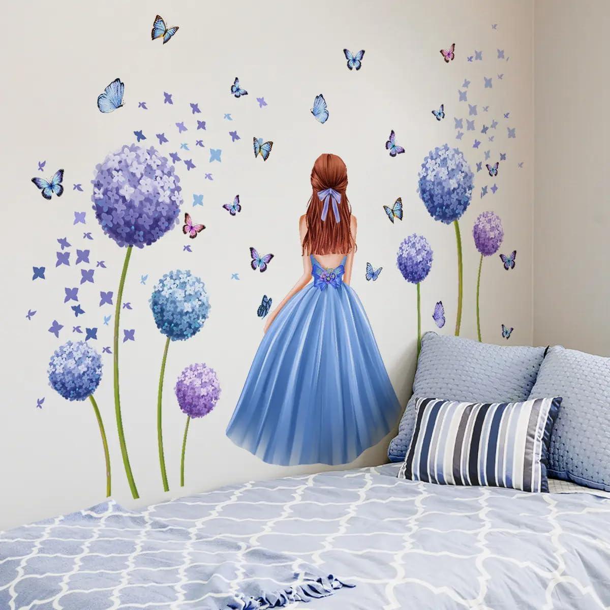 Large Size Purple Girl with Floral Butterflies Wall Stickers for Girls Bedroom, Butterfly Decals with Flowers and Bicycle, Large 55x39 Inch- Gift for Christmas, Birthday (Girl in Purple Dress)