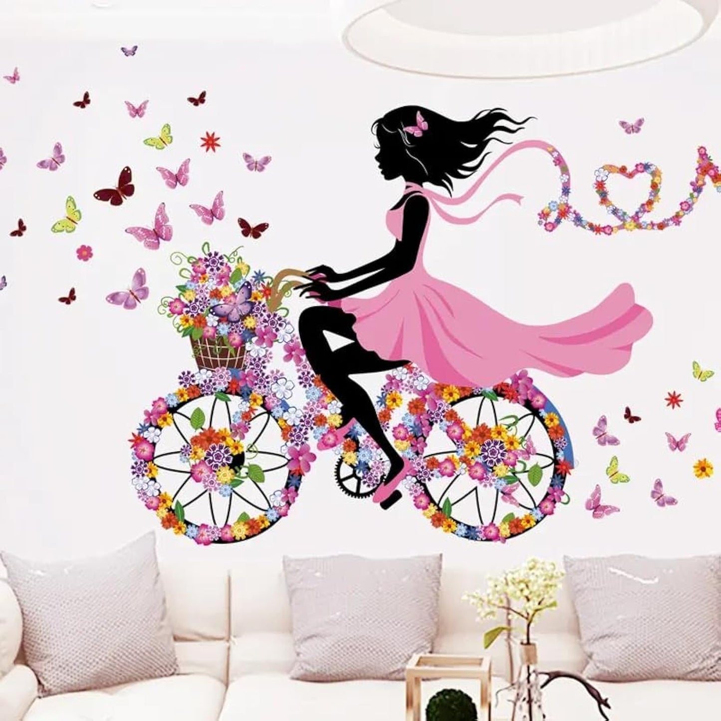 Large Size Purple Girl with Floral Butterflies Wall Stickers for Girls Bedroom, Butterfly Decals with Flowers and Bicycle, Large 55x39 Inch- Gift for Christmas, Birthday (Girl in Purple Dress)