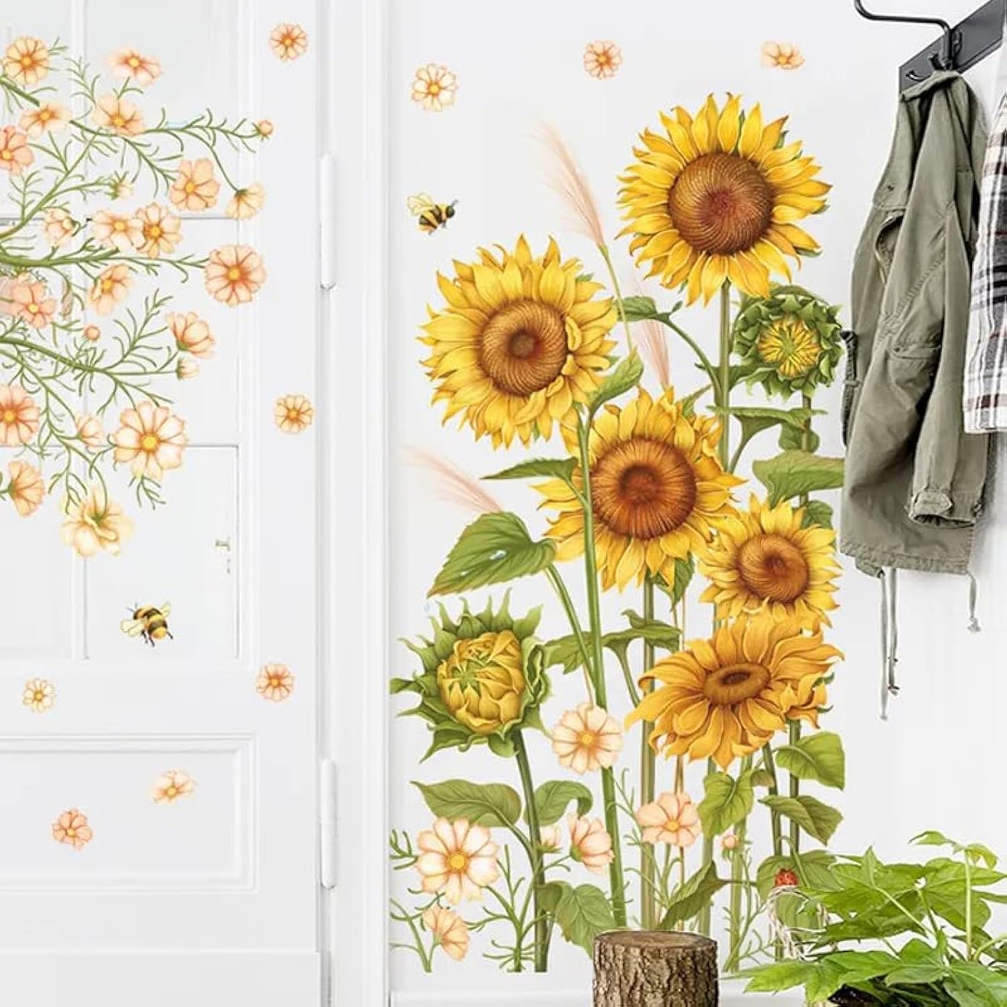Sicker Universe 12x36 Inch Set - Daisy Flowers Sofa Bedroom Pink Gypsophila Stickers Butterfly Plant Skirting Line Floral Wall Decals for Decor, Self Adhesive Vinyl for Home Decor (Floral Design #6)