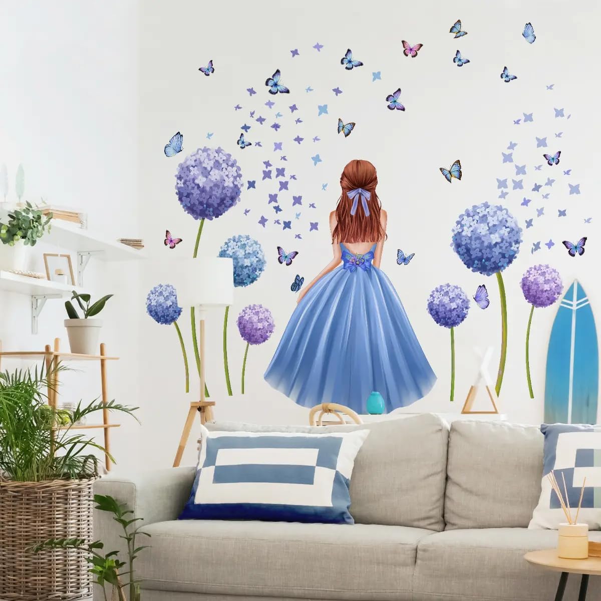 Large Size Purple Girl with Floral Butterflies Wall Stickers for Girls Bedroom, Butterfly Decals with Flowers and Bicycle, Large 55x39 Inch- Gift for Christmas, Birthday (Girl in Purple Dress)
