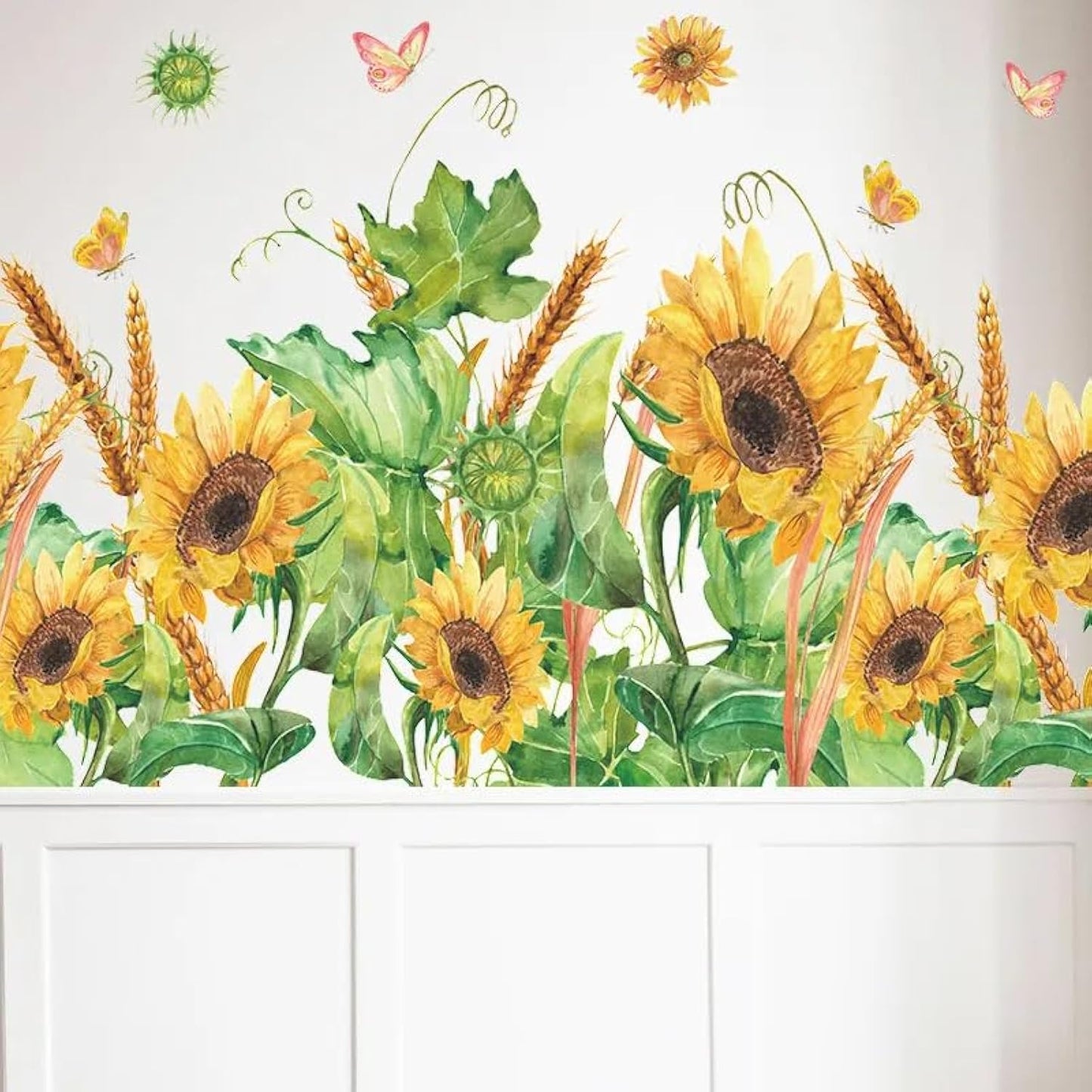 Sicker Universe 12x36 Inch Set - Daisy Flowers Sofa Bedroom Pink Gypsophila Stickers Butterfly Plant Skirting Line Floral Wall Decals for Decor, Self Adhesive Vinyl for Home Decor (Floral Design #6)