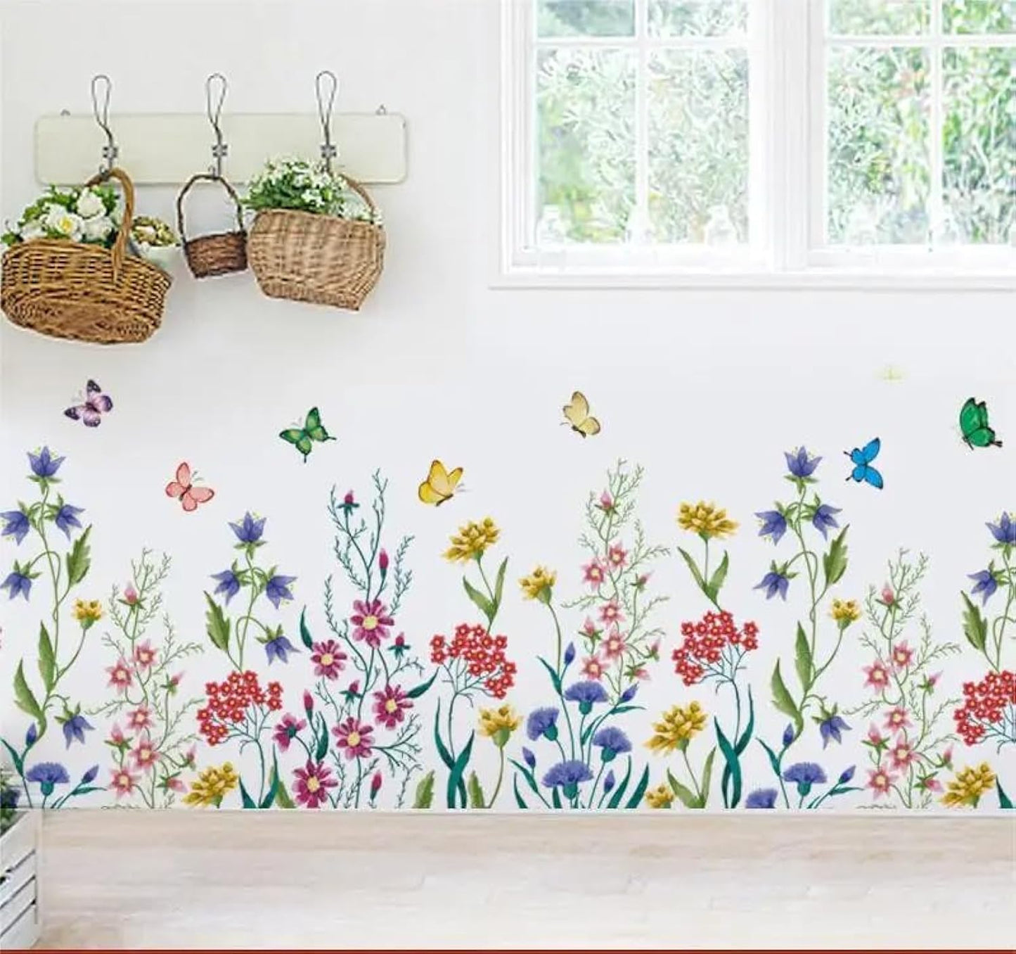 Sicker Universe 12x36 Inch Set - Daisy Flowers Sofa Bedroom Pink Gypsophila Stickers Butterfly Plant Skirting Line Floral Wall Decals for Decor, Self Adhesive Vinyl for Home Decor (Floral Design #6)