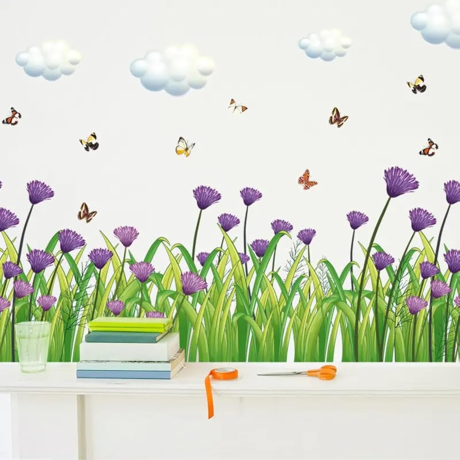 Sicker Universe 12x36 Inch Set - Daisy Flowers Sofa Bedroom Pink Gypsophila Stickers Butterfly Plant Skirting Line Floral Wall Decals for Decor, Self Adhesive Vinyl for Home Decor (Floral Design #6)