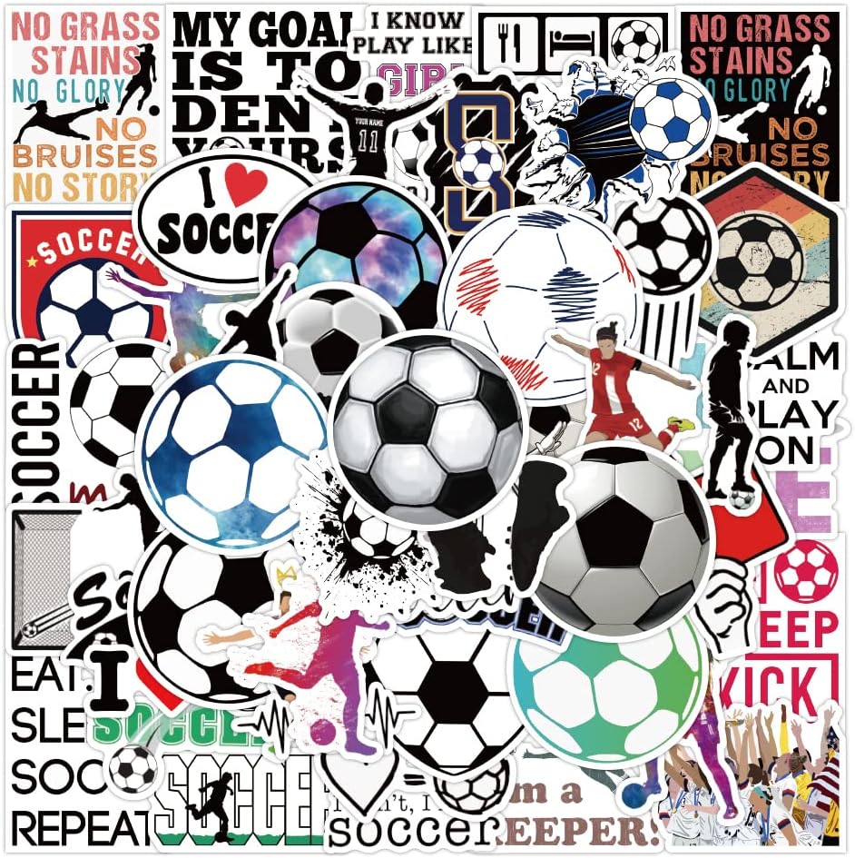 50 Pcs Vinyl Sticker of world cup Soccer theme for Soccer Football Fan Lovers Waterproof Stickers Bomb for Wall, Computer, Laptop, Skateboard, Water Bottle, Mug, Kids Scrapbook Gift for Birthday, Christmas, Thanksgiving (Soccer)