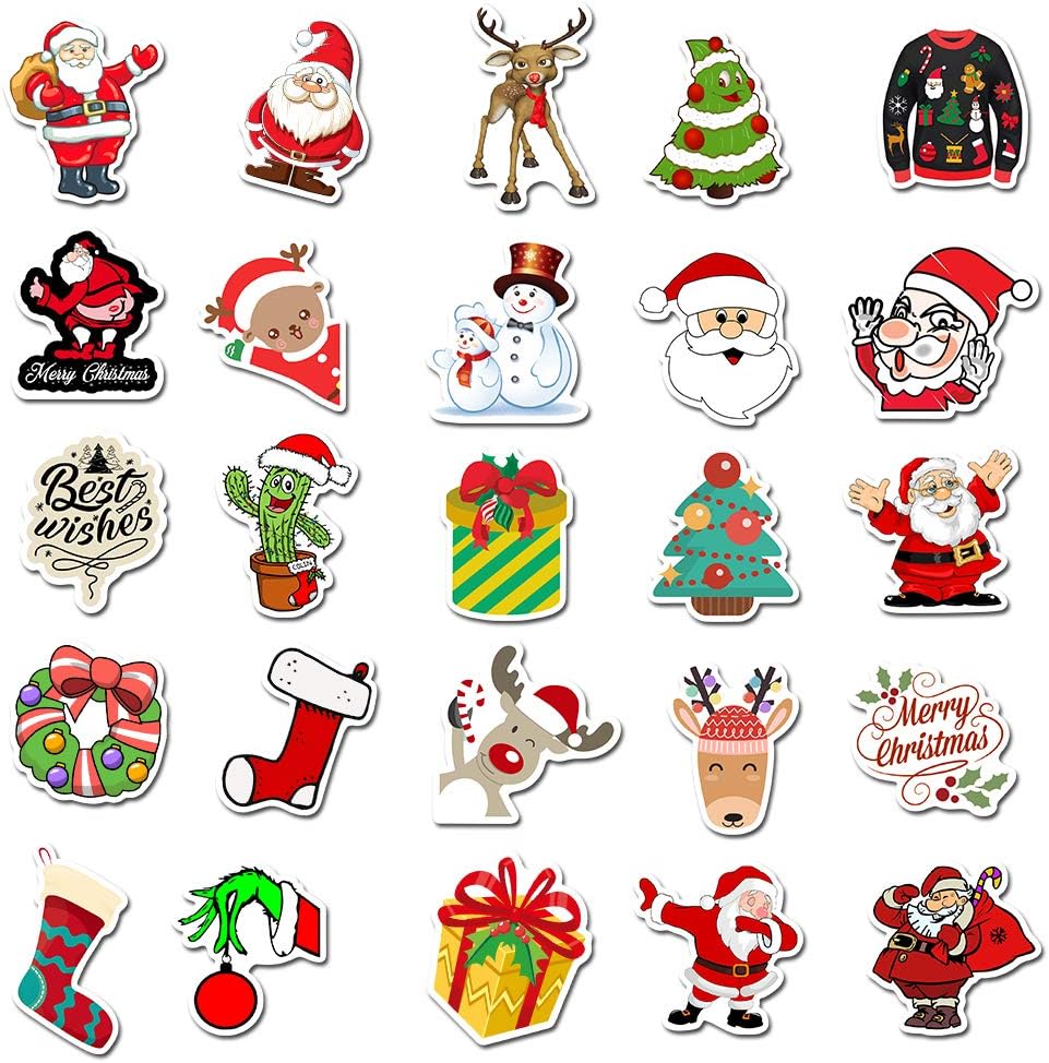 100 Pcs Vinyl Sticker Christmas Theme Waterproof Stickers Bomb for Wall, Computer, Laptop, Skateboard, Water Bottle, Mug, Kids Scrapbook Gift for Birthday, Christmas, Thanksgiving (50 Pcs)