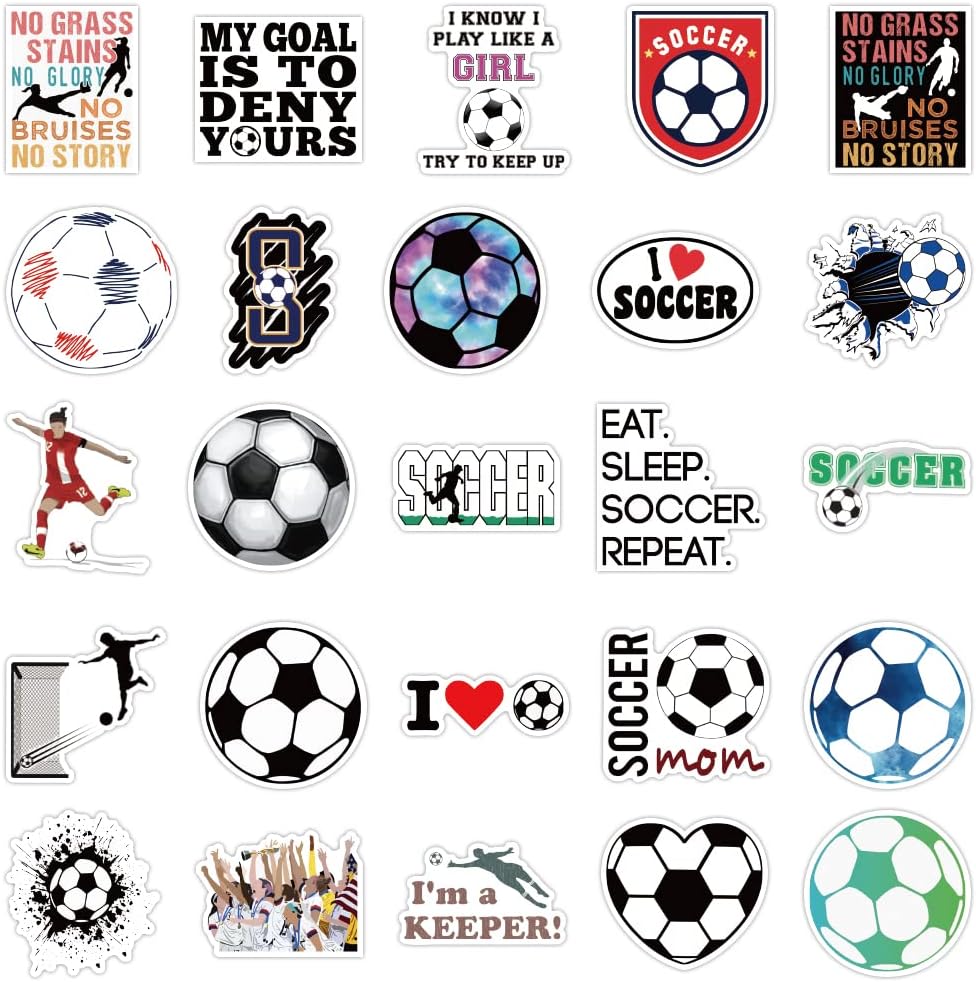50 Pcs Vinyl Sticker of world cup Soccer theme for Soccer Football Fan Lovers Waterproof Stickers Bomb for Wall, Computer, Laptop, Skateboard, Water Bottle, Mug, Kids Scrapbook Gift for Birthday, Christmas, Thanksgiving (Soccer)