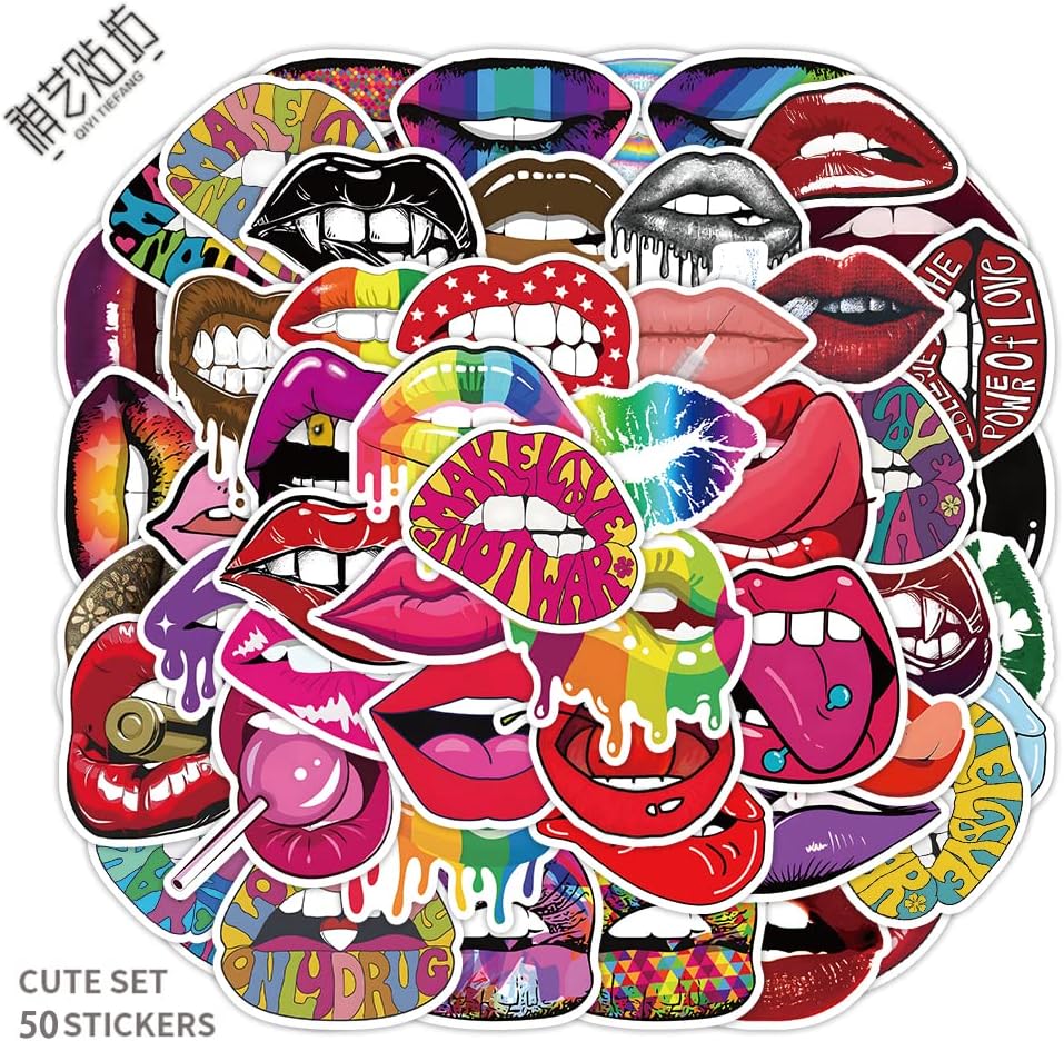 50 Pcs Vinyl Sticker of Sexy Lips Art for Art Lips Lovers Waterproof Stickers Bomb for Wall, Computer, Laptop, Skateboard, Water Bottle, Mug, Kids Scrapbook Gift for Birthday, Christmas, Thanksgiving (Lips)